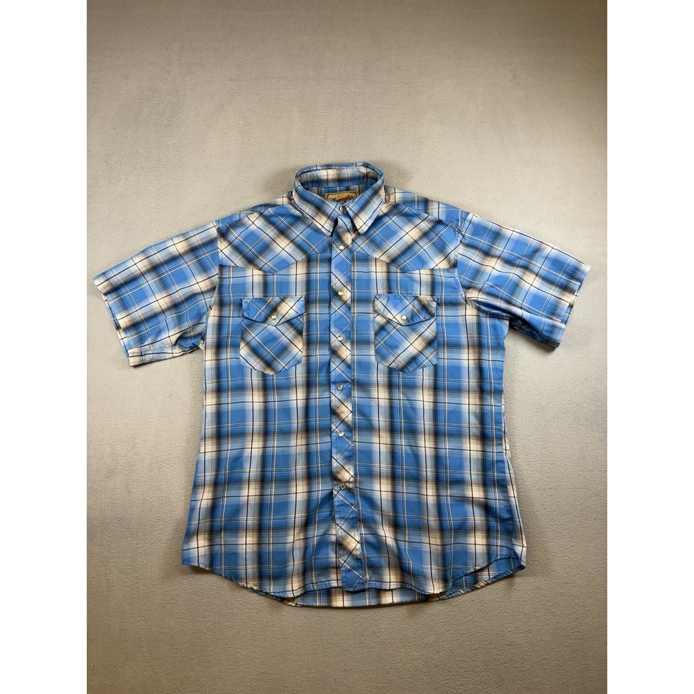 Wrangler Western Snap Shirt Mens M Blue Plaid Short Sleeve Pearl Snap Cowboy